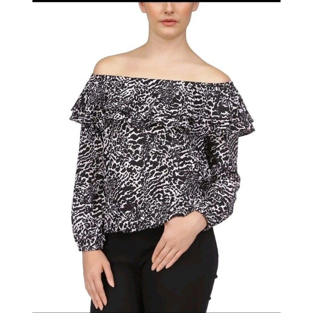 Michael Kors Ocelot Off The Shoulder Ruffle Trim Top Plus Sz 3X Black White NWOT